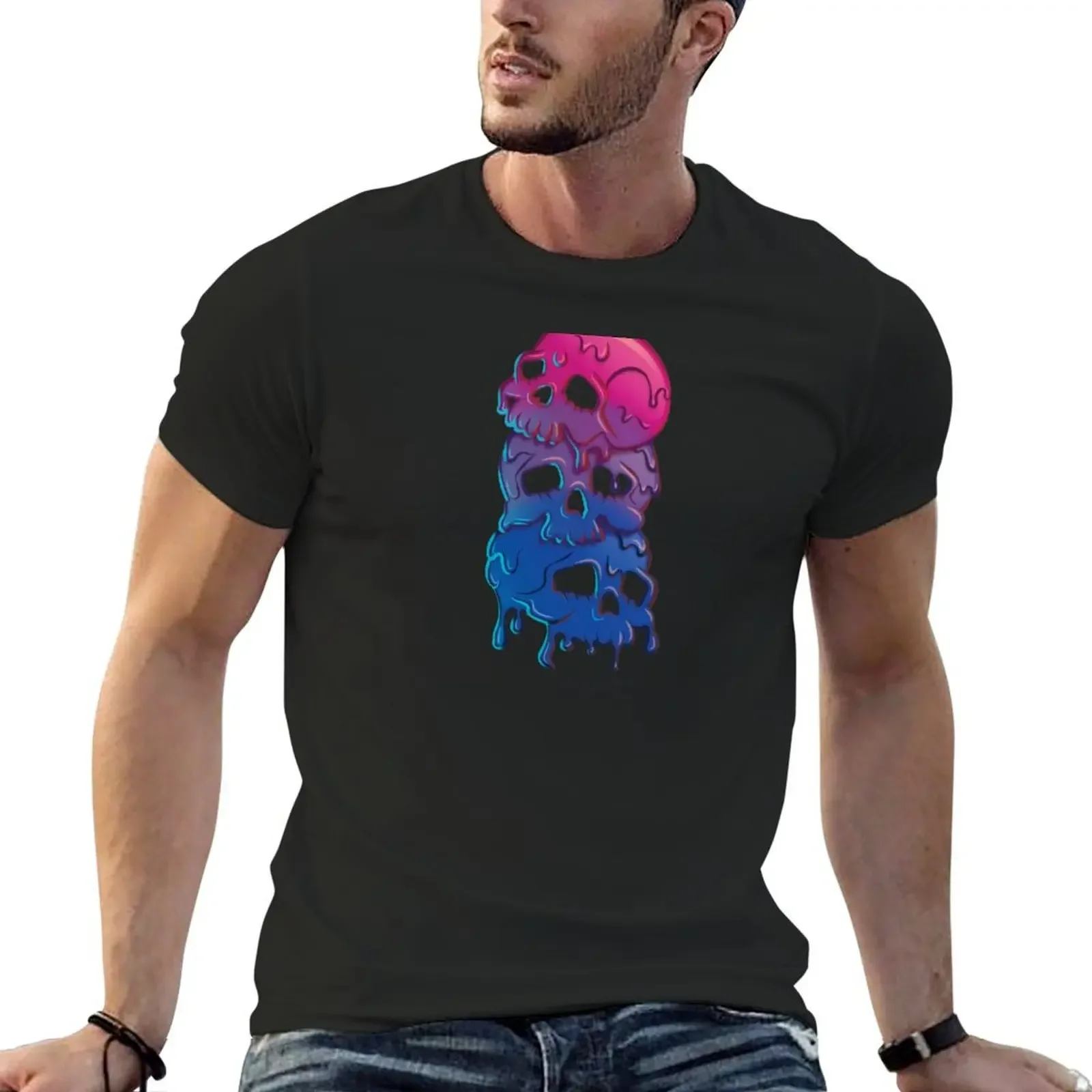 Bi Pride Flag Goth Skull Tower Bisexual T-Shirt designer shirts cotton graphic tees mens clothing