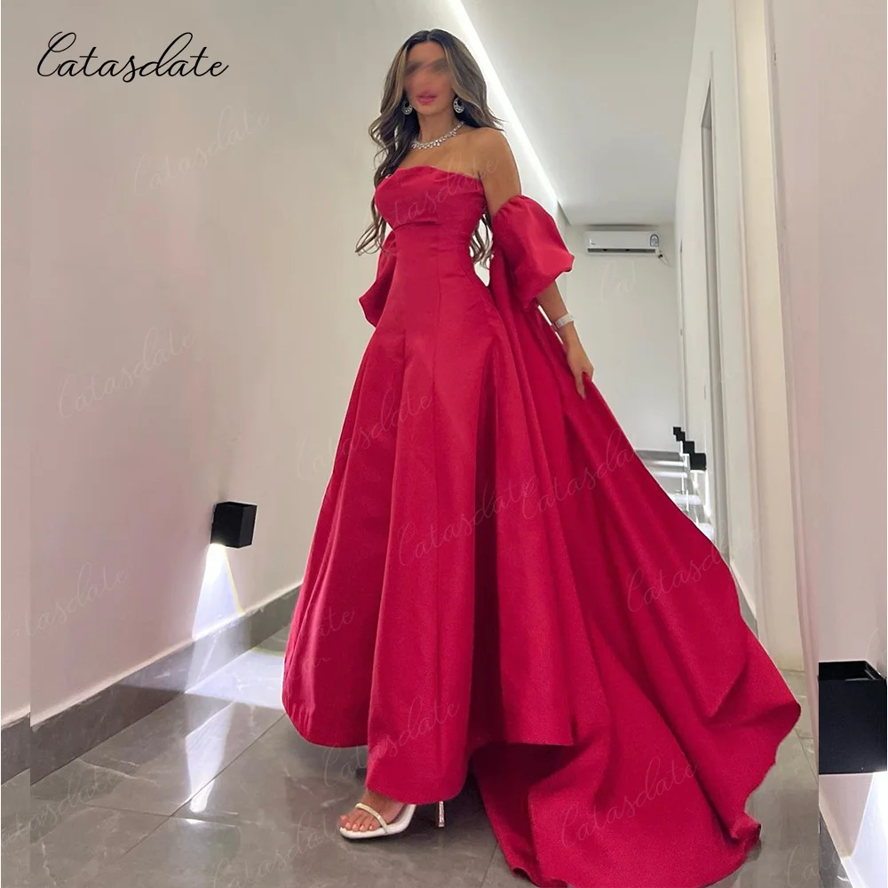 Catasdate Red Evening Dress with Sepatated Sleeves Formal Occasion Dresses with Sleeves Elegant Wedding Party Dresses for Women