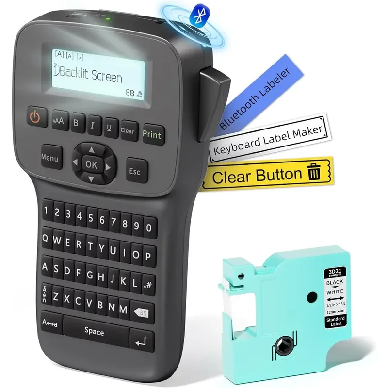 LM1600 Label Maker With-Tape Bluetooth Labeler Machine With-Tape Multiple Symbol Icon Style Templates Backlit Display