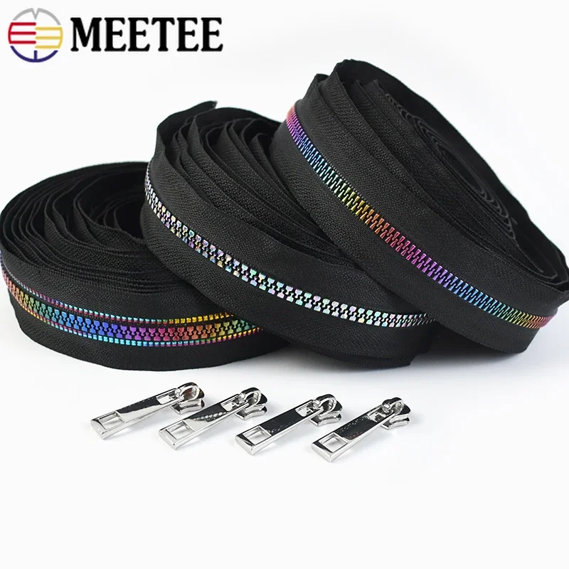 1/2/3M Meetee 5# Resin Zipper Tapes Rainbow Tooth With Zippers Heads Bags Clothes Pocket Zips Repair Kits DIY Sewing Accessories