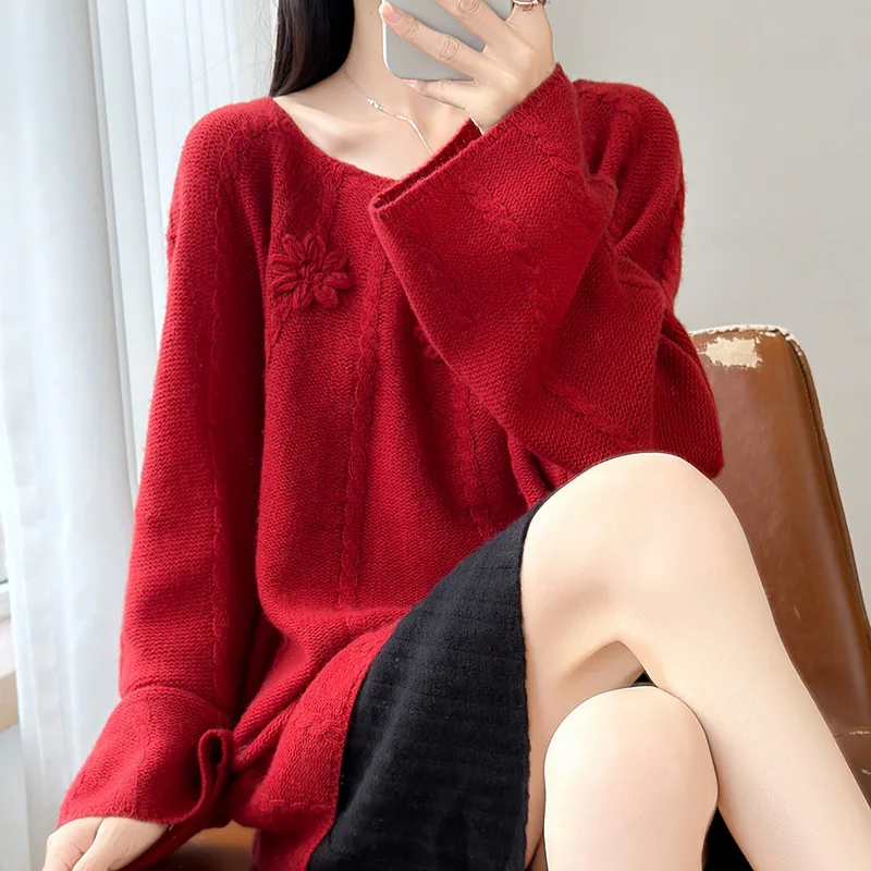 Hand-embroidered 100% pure cashmere sweater knitted sweater lazy wind twist long sleeve bottoming coat