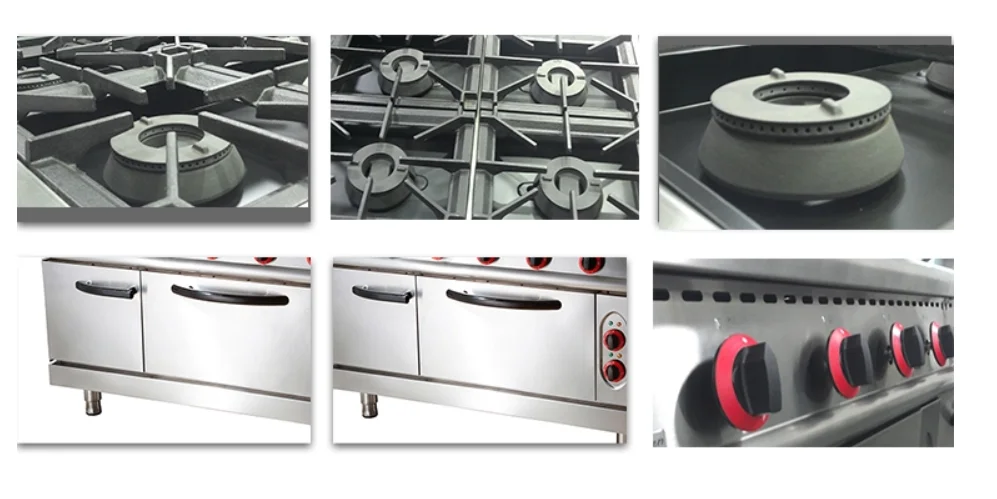 Cocina de gas comercial de acero inoxidable con 4 quemadores y horno.