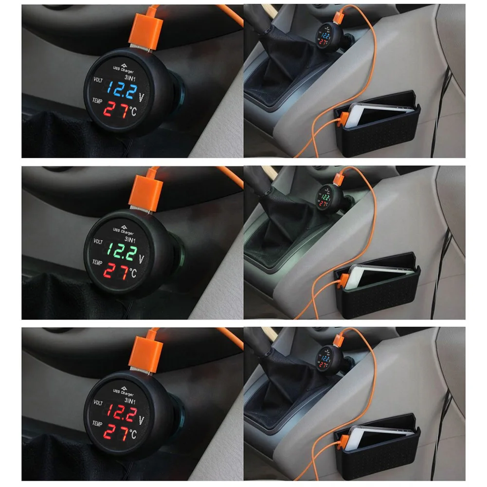 3 in 1 12/24V Car Volt Meter Auto Digital LED Car Voltmeter Thermometer Car Truck USB Charger Current Meter Volt Detector