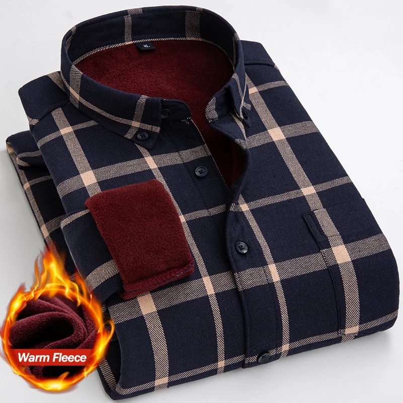 Winter Fleece Men's Warm Shirt Classic Plaid Thicken Slim Business Casual Long-sleeved Warm Office Plush Velvet Shirts Dress