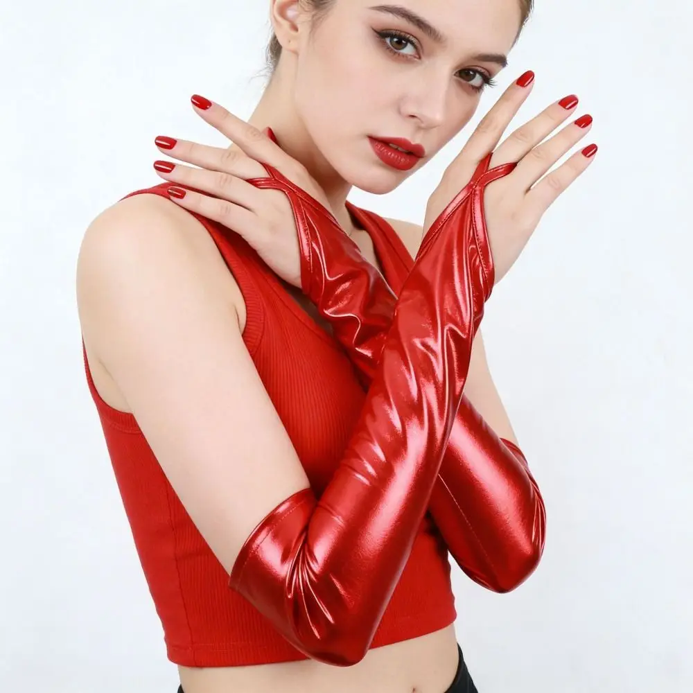 Fashion Elastic Hook Finger Long Gloves Cloth Shiny Patent Leather Black Gloves Elbow Long Lolita Women Gloves Halloween Cosplay