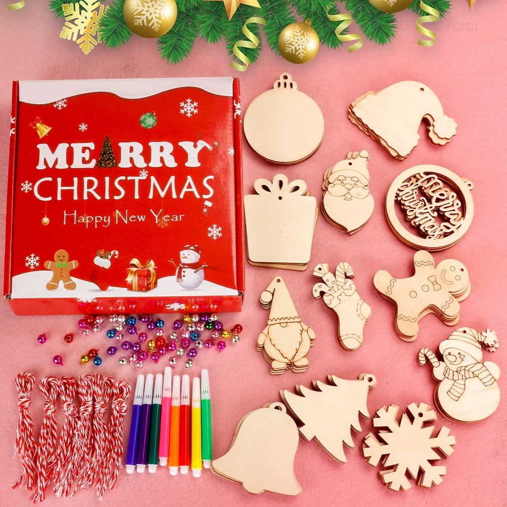60Pcs Christmas Natural Wooden Chip Santa Claus Snowflake DIY Crafts Set Xmas Tree Hanging Ornament Pendant for Home Decorations