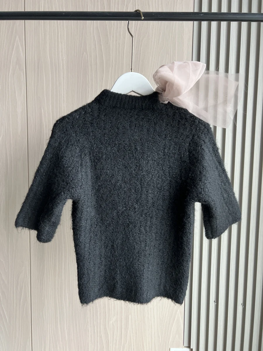 ETJ 2024 automne/hiver nouveau haut tricoté à manches courtes pour femmes, élégant, mode, nœud en organza décoré 2756127