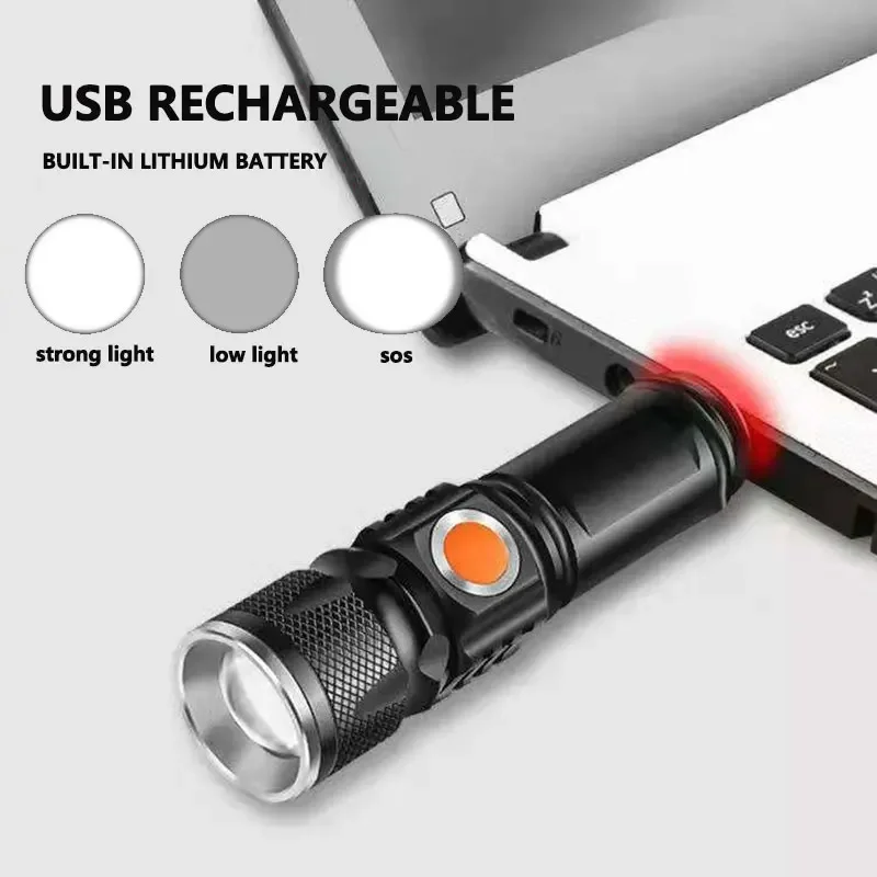 Mini Portable USB Rechargeable LED Flashlight Torch Outdoor Camping Light Waterproof Zoomable Lamp Bicycle 3Mode Handy Light