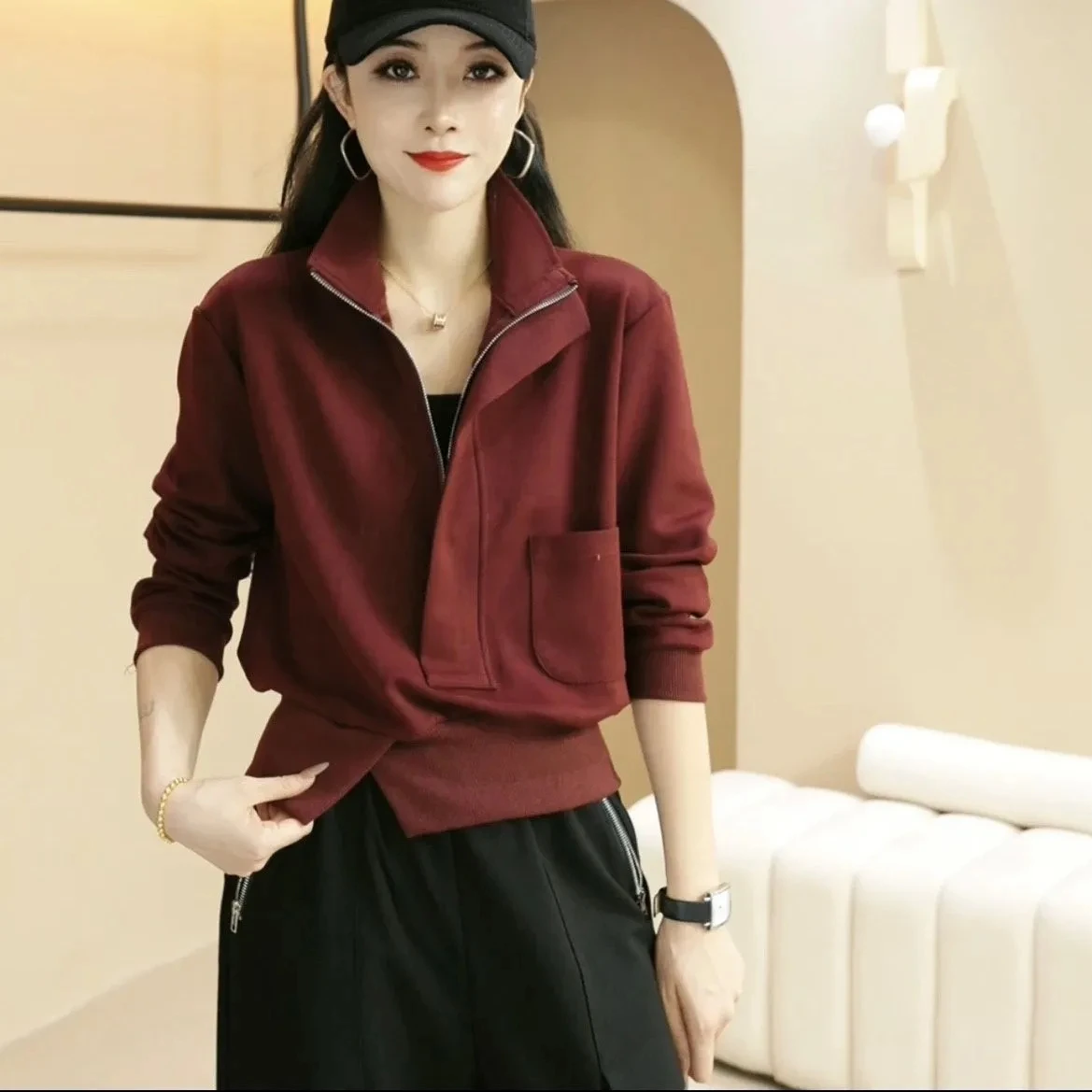 

Fashion Stand Up collar Pullover Hoodie For Women Spring Autumn 2025 Loose Slim Versatile Casual Half Zipper Top Woman Clothing