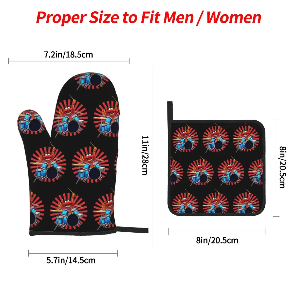 Animal Drummer Oven Mitts and Pot Holder Sets of 4 for Baking Kitchen Cooking Grilling Resistant Non-Slip Gloves