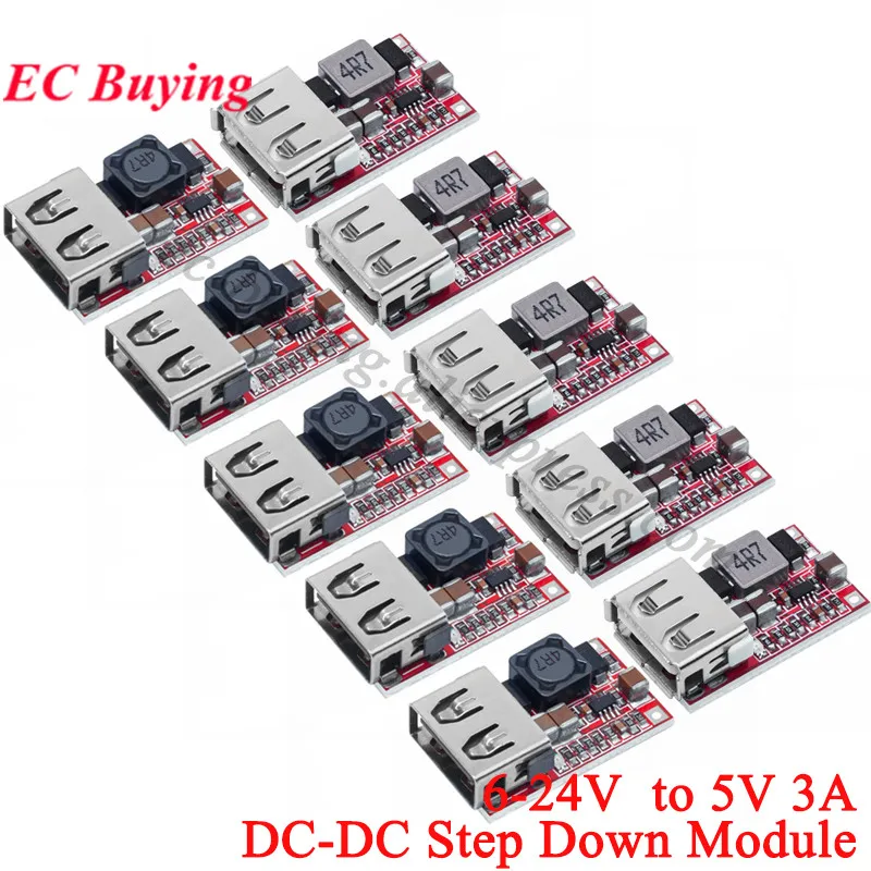 10Pcs/1pc 6-24V 12V/24V to 5V 3A Car USB Charger Module DC Buck step down Converter Power Supply Board PCB Efficiency 97.5%