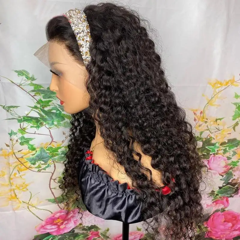 Peluca rizada de encaje frontal para mujer, pelo sintético prearrancado, resistente al calor, largo, negro, suave, 180de densidad, sin pegamento, 26 pulgadas