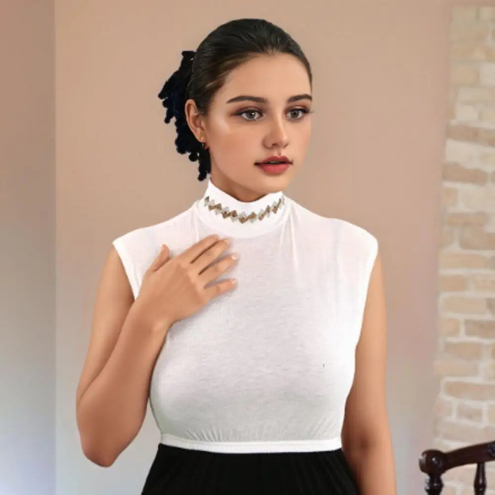 Women Fake Collar Breathable Elastic False Collar Attachment Half High Rhombus Rhinestones Decor Stylish Fake Collar for Fashion