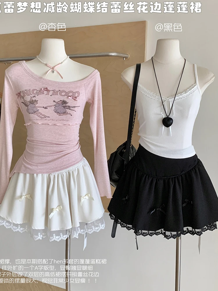 Women Ballet Core Kpop 2000s Aesthetic Mini A-line Lace Patchwork High Waist Skirt Gyaru Y2k Coquette Mori Girl Fairycore Bow