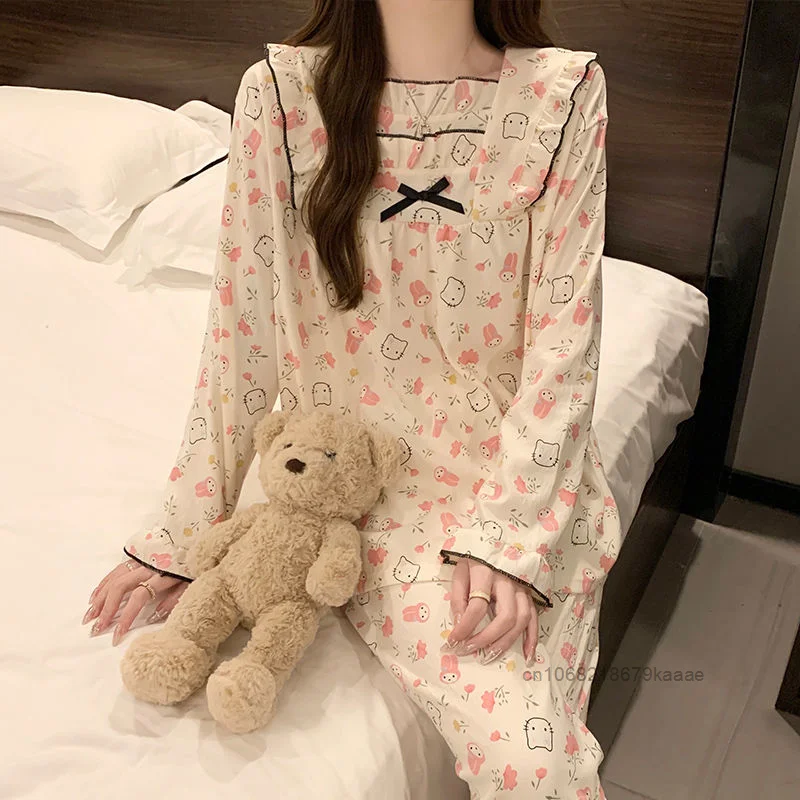 Sanrio Hello Kitty My Melody Cute Pajamas Niche Design Female Long Sleeved Sleepwear Sweet Soft Y2k Girl Harajuku Home Suit Set