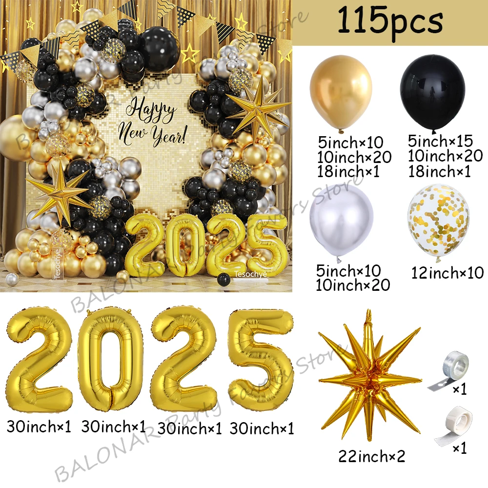 106/115Pcs Happy New Year Black Gold Balloon Garland Set Explosive Star 2025 Digital Foil Balloon New year Eve Party Decoration