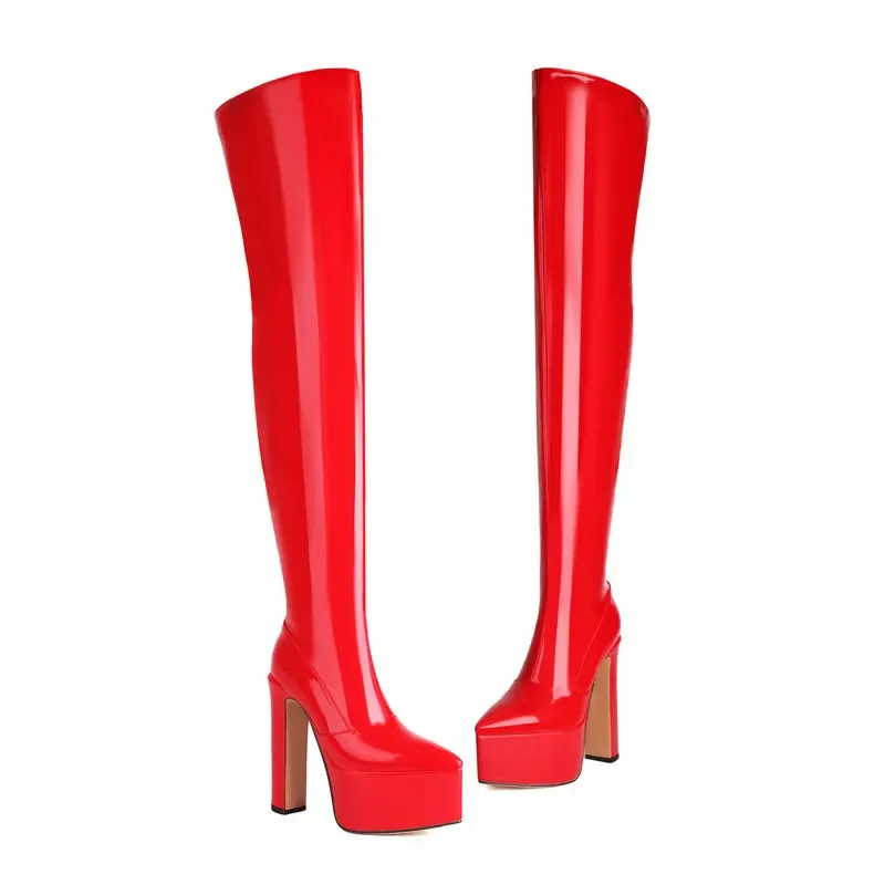 Sexy lucido oro argento pelle verniciata spogliarellista Pole Dance tacchi punta a punta piattaforma sopra le ginocchia donne stivali elasticizzati
