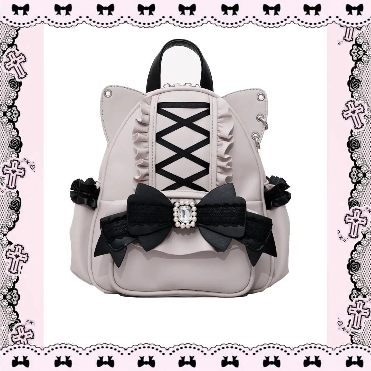 Japanische Subkultur Y2k Rucksack Weibliche Original Katze Ohren Süße Nette Lolita Bogen Strass Rüschen Rand Cross Strap Rucksack Mädchen