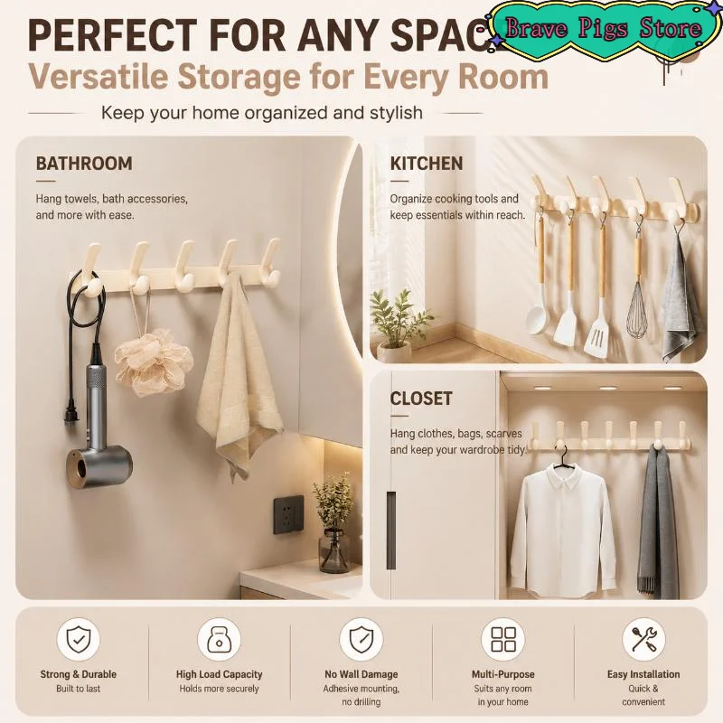 [HM]Cream White Over The Door Hook Rack 6 Sturdy Hooks No Drill Installation For Bedroom Bathroom Entryway Storage[HM]