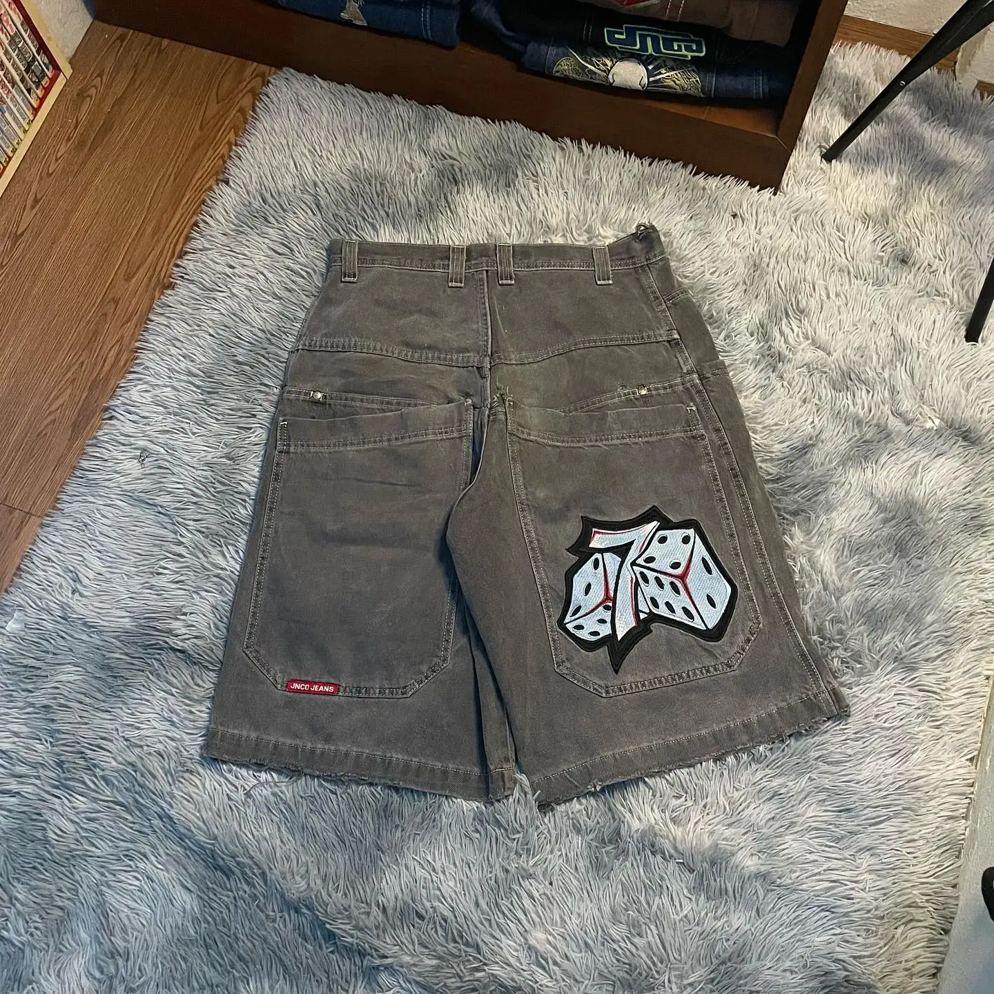 JNCO pantalones cortos Y2K Harajuku Hip Hop Lucky Dice Graphic Print, pantalones cortos de mezclilla holgados Retro para gimnasio, pantalones cortos