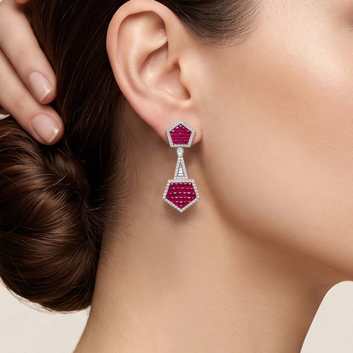 KQDANCE High Quality Luxury Lab Ruby Gemstone Geometric Drop Earrings With Red Stone For White Gold Plated Wedding Party Jewelry