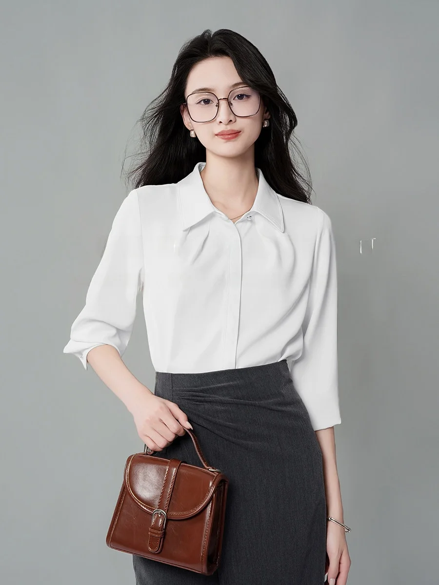 

Белая шифоновая рубашка для женщин, профессиональная рабочая одежда, рубашка в деловом стиле, дизайн с откидным воротником, прямой крой, длинный рукав