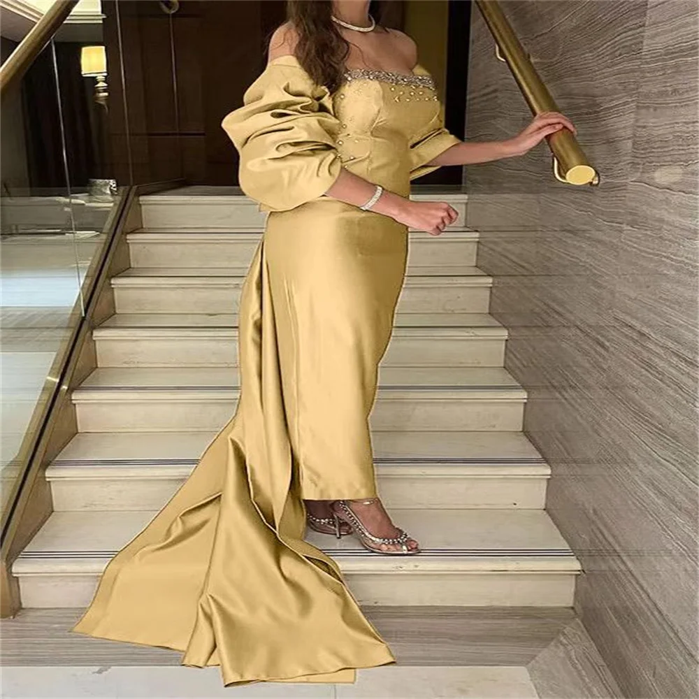 

Sexy Dubai Prom Dress for Women Champagne Off the Shoulder Wedding Party Gowns With Short Sleeves Ankle -Length Evening Dress