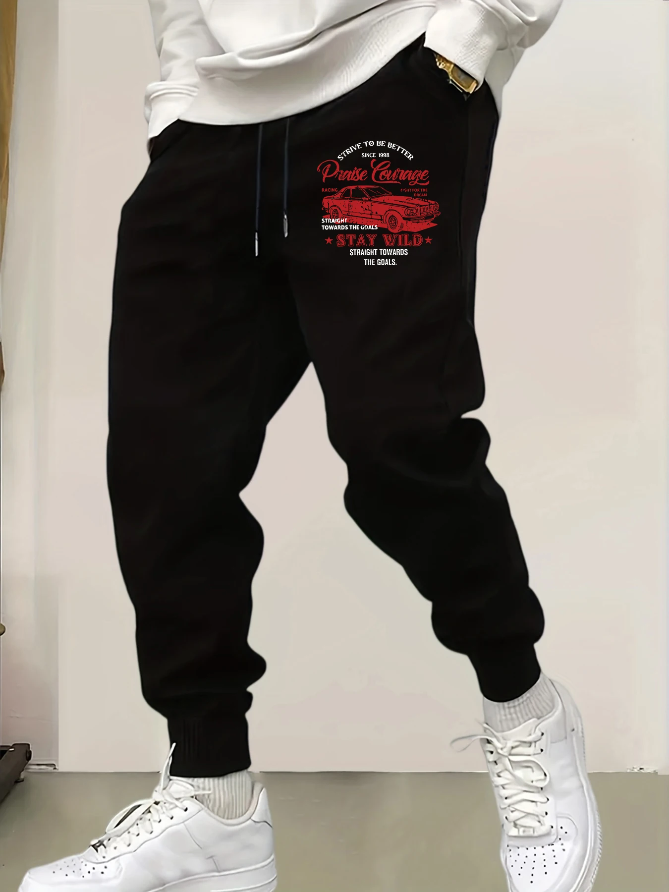 

Stay Wild Race Car Prints Mans Sweatpants Warm Fleece Trousers Joggers Casual Britches Pocket Fashion All-Match Long Pants
