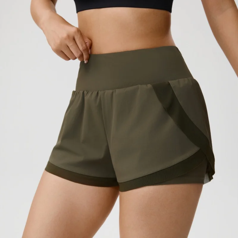 Sportshorts für Damen Fitness Laufen Yoga Sommer Anti-Exposure Zweiteiliges Design Atmungsaktive Lose Trainings-Dreiviertelhose – Detail 9
