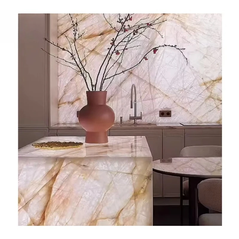 White Marble Island Light Emitting Diode Photoelectric Dining Table Translucent Crystal Marble Backsplash Wall Coating