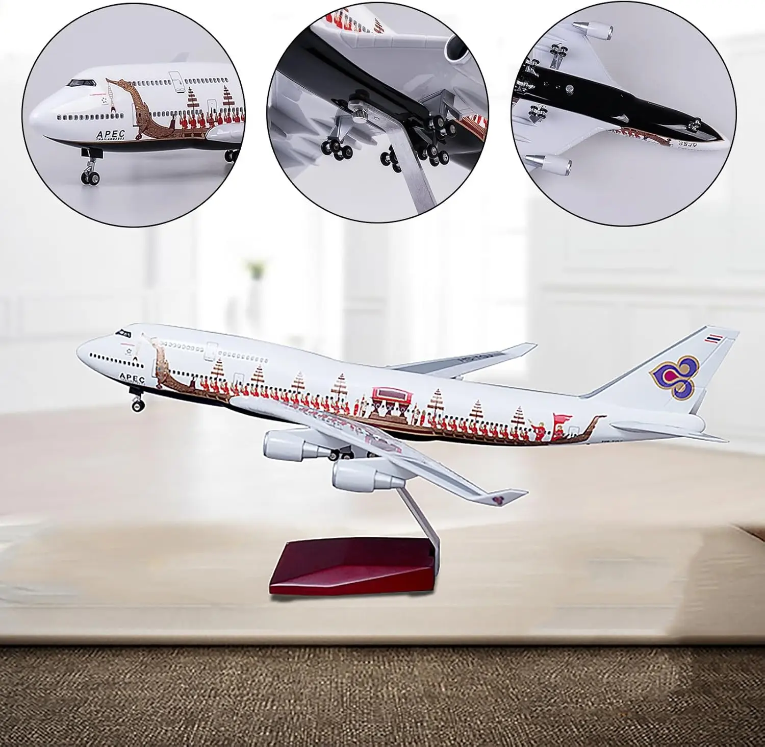 

B747 Plane Model 47cm Thai Dragon Boat miniature airplane 1:150 resin Diecast collectible aircraft With Wheel LED Light