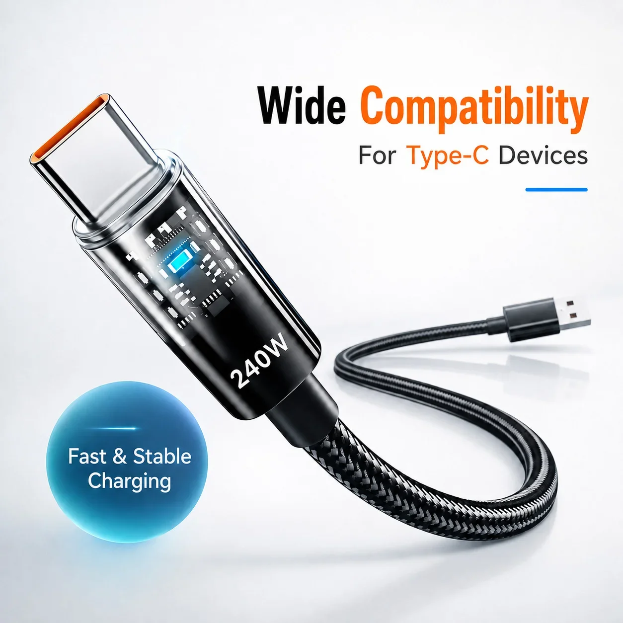 240W USB A to Type C Fast Charging Cable Transparent LED Nylon Braided Data Cord for Samsung Xiaomi Huawei Honor Phone