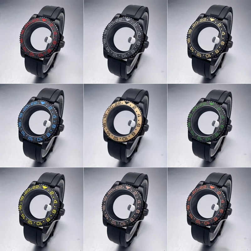 40mm NH35 Watch Case All Black Sub Style Rubber Strap Sapphire Crystal Stainless Steel Nh34 Nh36 Nh35 Nh38 Movement Watch Case