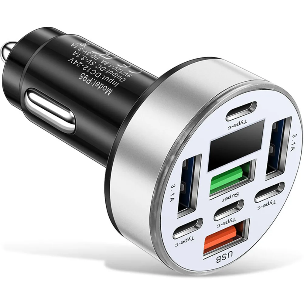 Car Charger 40W with 8 Ports 4 USB and 4 PD Digital Voltage Display and Multiple Safety Features for Vehicle Use