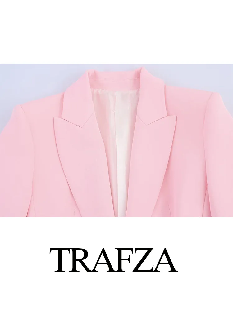 TRAFZA Women Fashion Pant Set Pink Turn-Down Collar Long Sleeve Single-Breasted Feather Blazer+High Waist Pocket Zipper Trousers