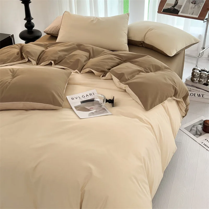 New cotton solid color double splicing four piece set, simple cotton dormitory three piece set, duvet cover, bed sheet, bedding