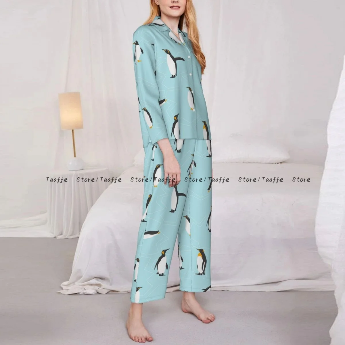 Pigiama da notte da donna Simpatico pinguino con ghiaccio a maniche lunghe Pijama Set da donna Abito cardigan da vestaglia