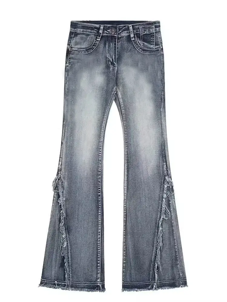 American Retro Breasted Design Slightly Flared Jeans Women Autumn Niche Low Waist Slim Fit Wide-Leg Floor Trousers