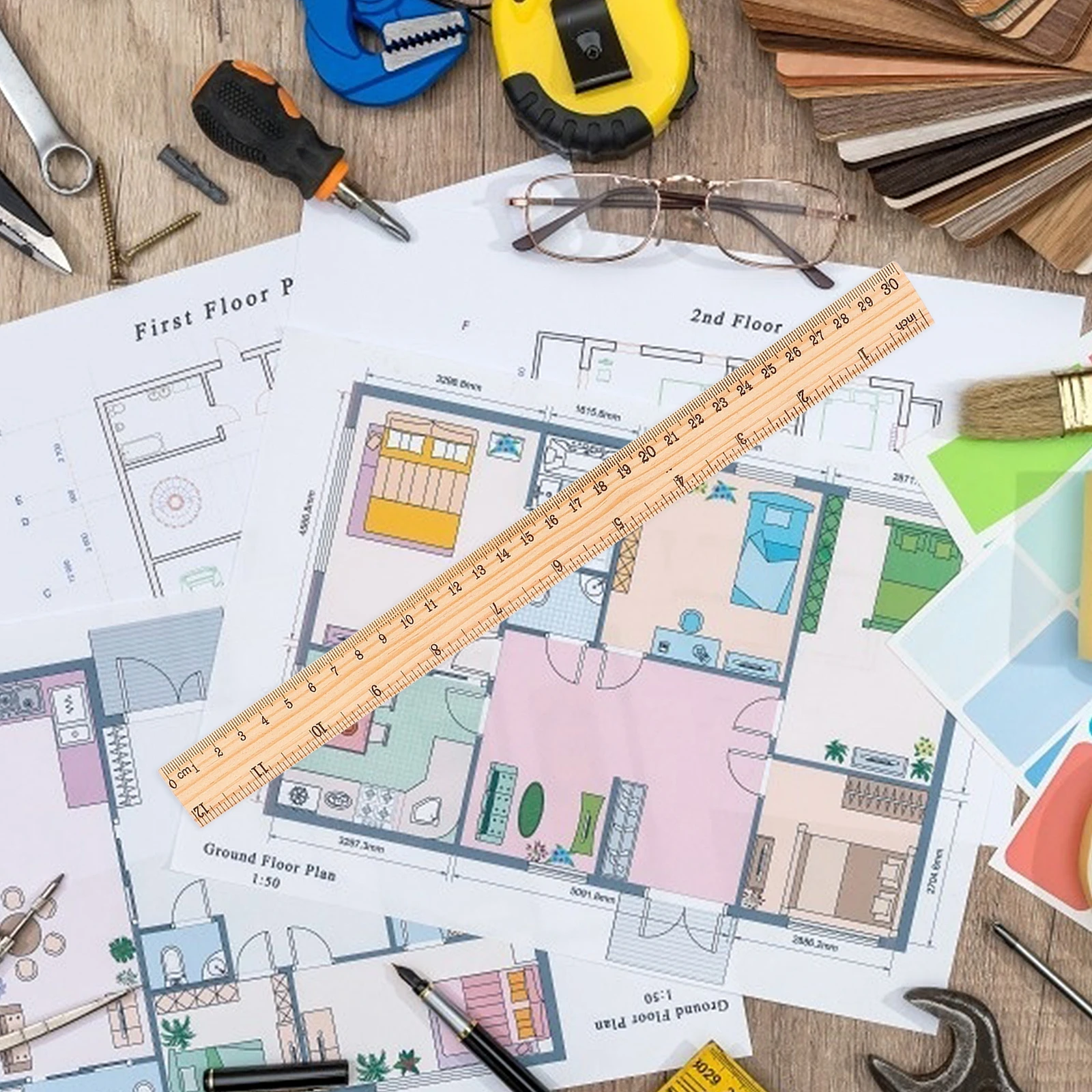 30pcs 20Cm Wooden Ruler Straight Measuring Tool Double Scale Clear Graduation For Artists Students Architects Office School Use