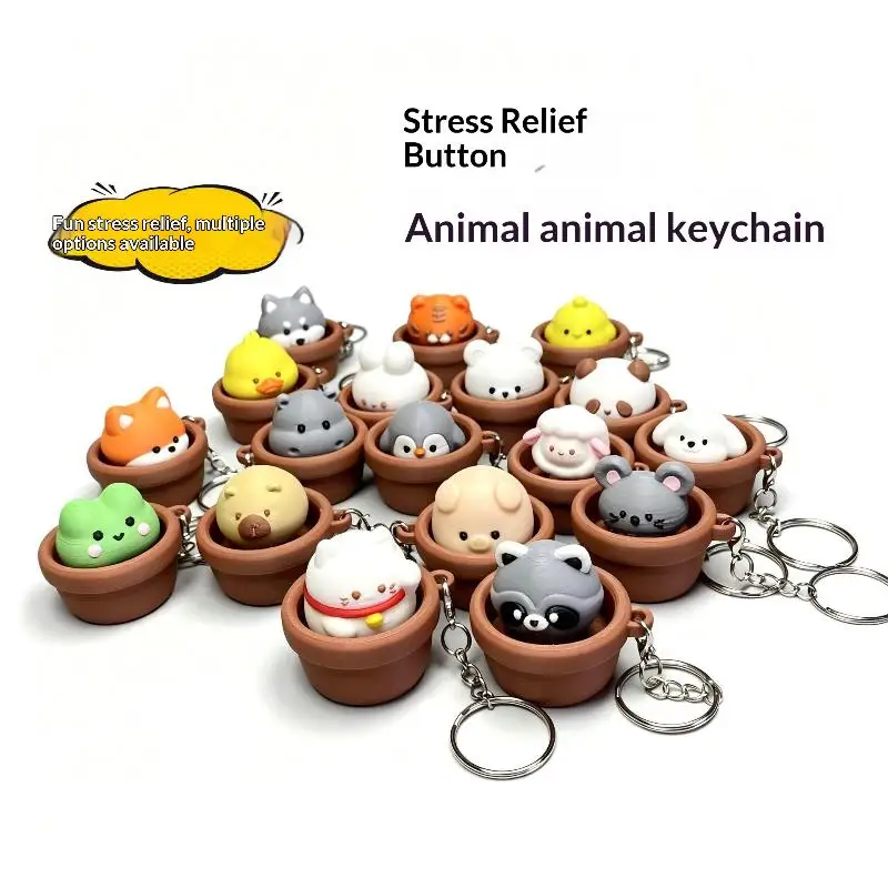 Cute Potted Animal Finger Button Clicker Fidget Keychain: Stress Relief Lovely Designs Backpack Decor Kids Gifts