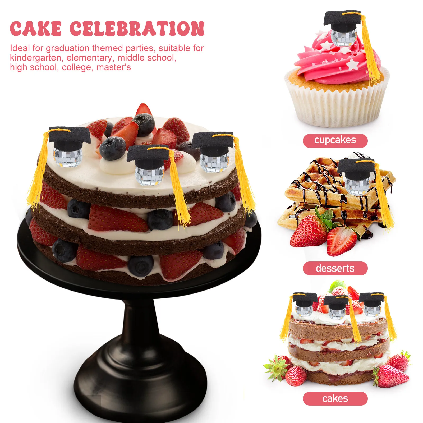 10Pcs Graduation Disco Cap Cupcake Toppers Tassel Accent Elegant Mini Grad Hat Decor for Kindergarten to Phd Celebrations view 2