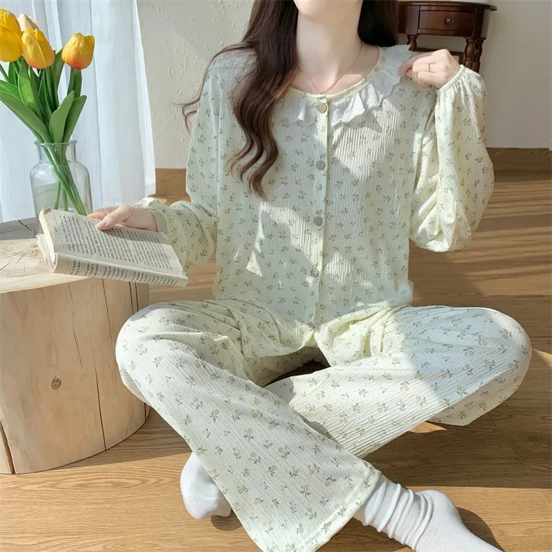 Cotton Long Sleeve Pants Floral Print Woman Satin Pajama Sets Ensembles 2 Piece Lady Outfit Lounge Women Pijama Sleepwear Pj