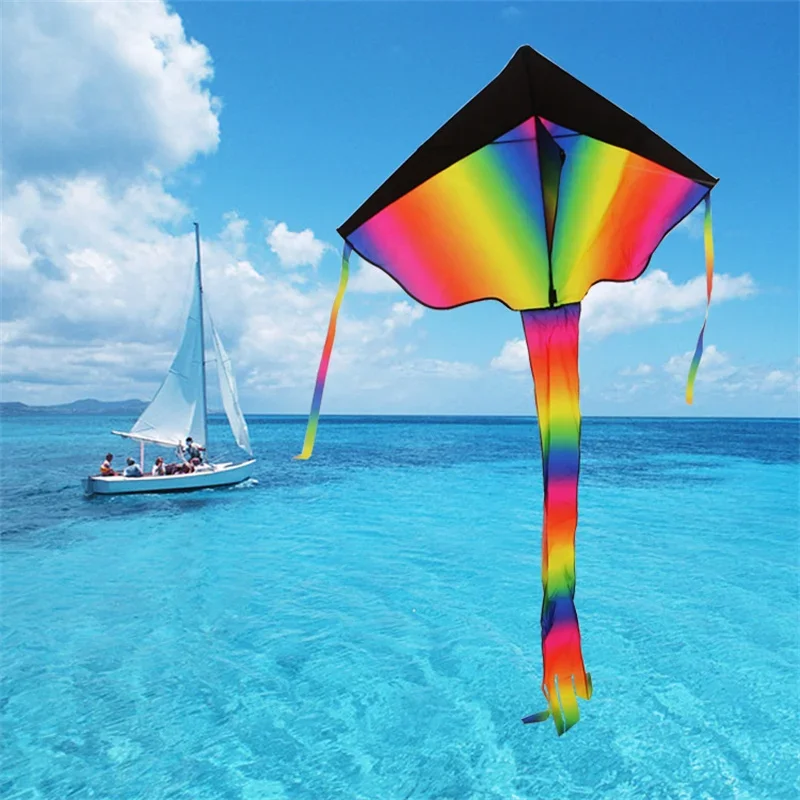 Gradient Rainbow Polyester Kite Easy to Fly Outdoor Fun Sports Beach Triangle Kite Beginners Kids Children Adults Toys Kite Gift