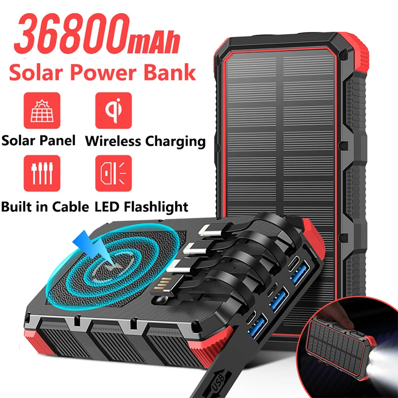 

36800mAh Solar Power Bank Built in Cable Qi Wireless Charger Powerbank for iPhone 13 Xiaomi Samsung Poverbank with Camping Light