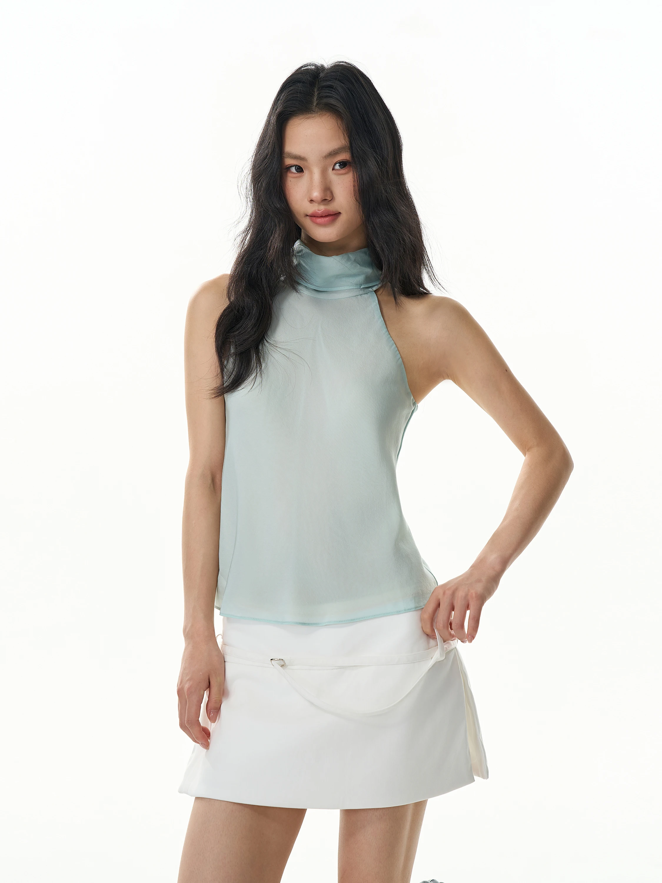 GOGO BURN Light Blue High Collar Halter Neck Strap Vest Women Summer Sleeveless Lightweight Belted Slimming Top