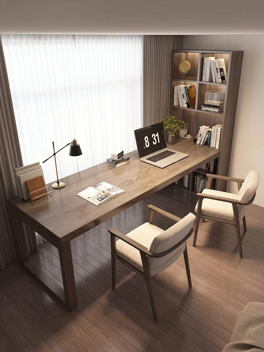 Study all solid wood desk bookshelf bookcase integrated student home writing desk double desk side by side workbench