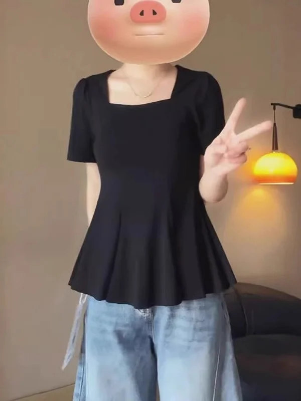 حجم كبير المرأة الصيف تي شيرت الرغبة النقية الدانتيل تنحنح ort Sve الخصر Cinching oulder عرض منتظم طول اللون الأساسي