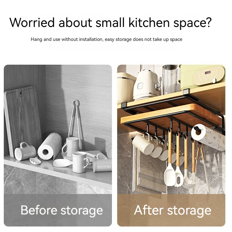 Kitchen Storage Rack Under Cupboard Paper Towel Rags Hanger Cabinet Hanging Wine Glass Pot Cover Organizer Shelf with Hooks