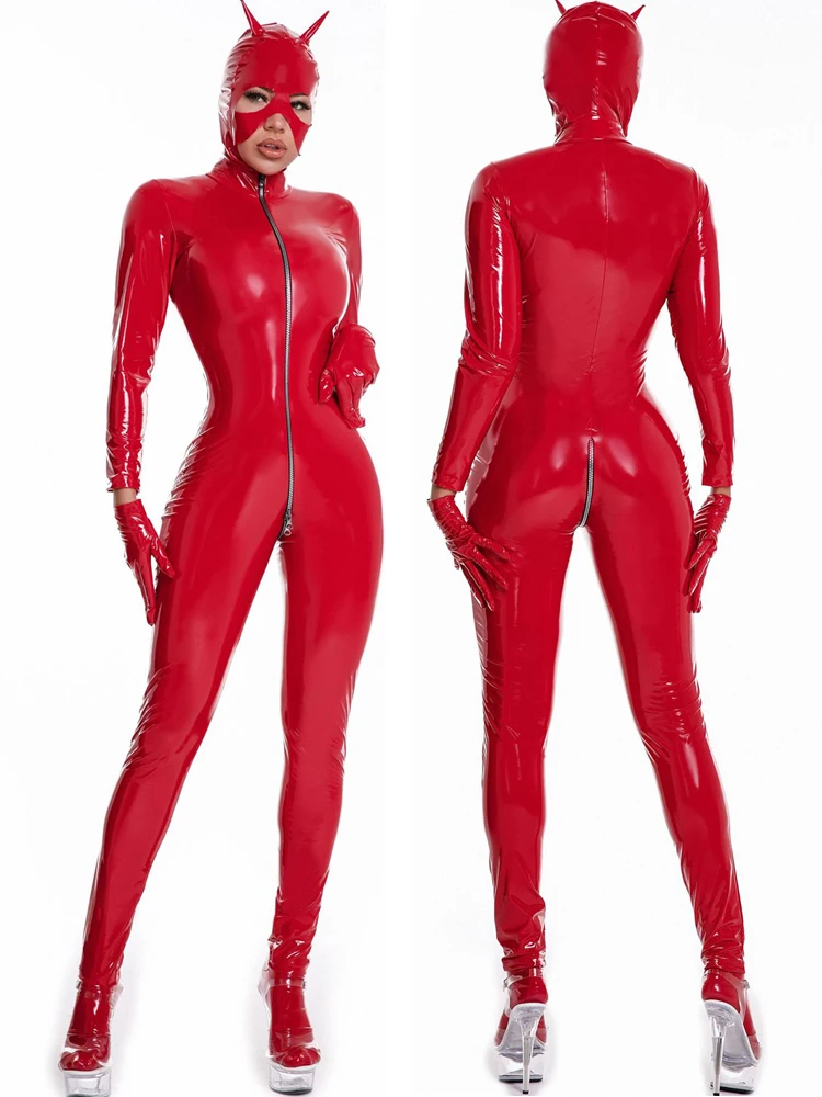 

Long Sleeve Wet Look PVC Catsuit Shiny PU Leather Zipper Open Crotch Bodysuit Tights Sexy Cat Cosplay Jumpsuit Leotard Clubwear