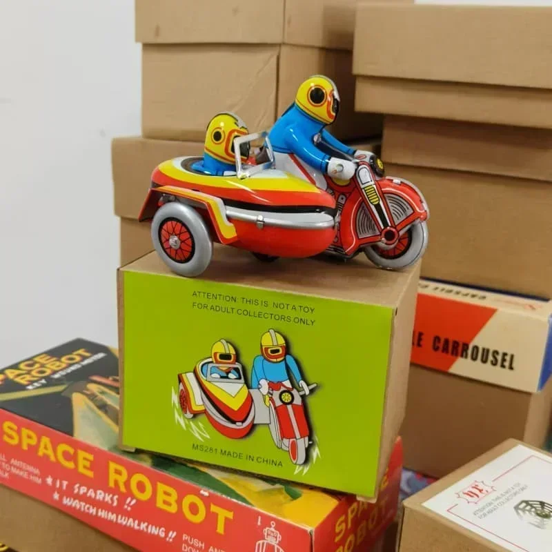 [Divertido] colección clásica mecanismo de relojería Retro lata para caminar de Metal tres rondas de motocicleta juguete juguetes mecánicos regalo para niños